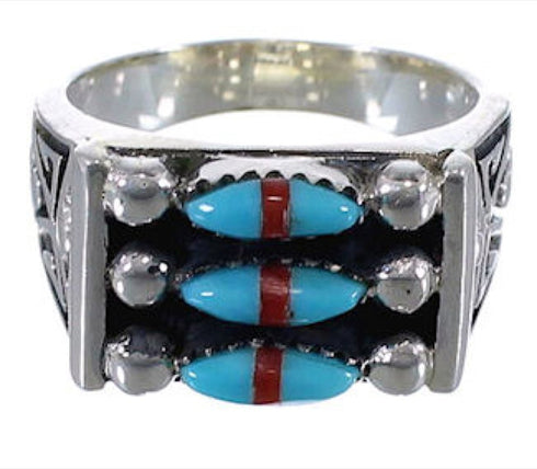 Well Built Needlepoint Turquoise Coral Silver Ring Size 7-1/4 VX37227